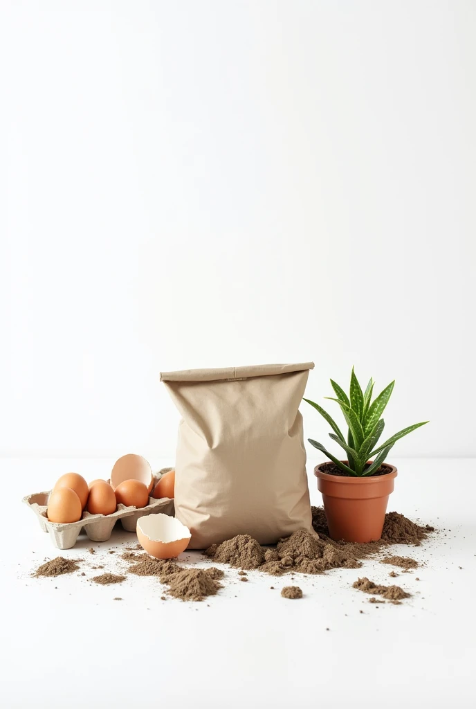 You can create a white background image that has a bag of cement, eggshell, the egg boxes, earth and a little plant.
Each element scattered across the background