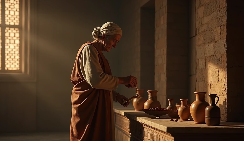 Biblical image of the widow filling the oil vessels, realistic 8k cinematic
