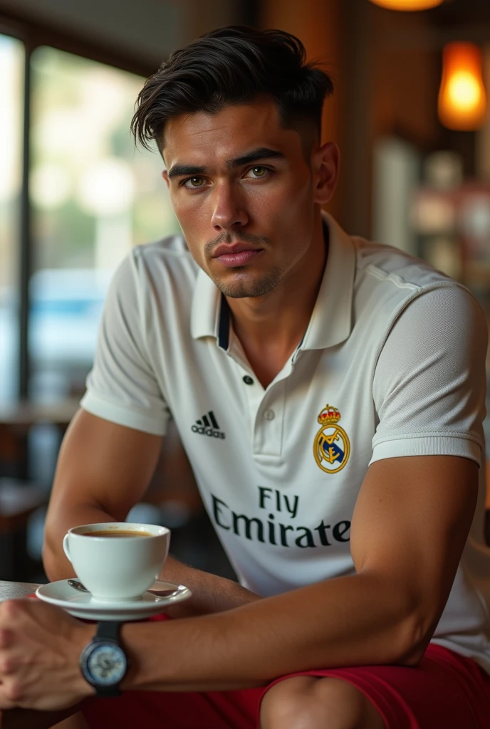 (photorealism:1.2), (8k) (detailed) (Whole body) Give me a man, facial features: square face with a pronounced jawline, prominent cheekbones and thick, dark eyebrows. Adds youth to your appearance. hair: hair oscuro, usually combed back or styled slightly tousled, which can vary between short and medium. eyes: eyes verdes oscuros, with a penetrating look that expresses confidence, with cross-shaped rings on each side. Complexion: slim and well defined. height 1,80, which gives it an imposing presence. style: Your style of dress: Real Madrid polo shirt, red shorts. Skin tone: Skin tone bronceado, typical of the Mediterranean. Expression: He usually has a serious or concentrated expression., Although he can display a charming and confident smile. (Sitting having a coffee) (High resolution), (4k).
