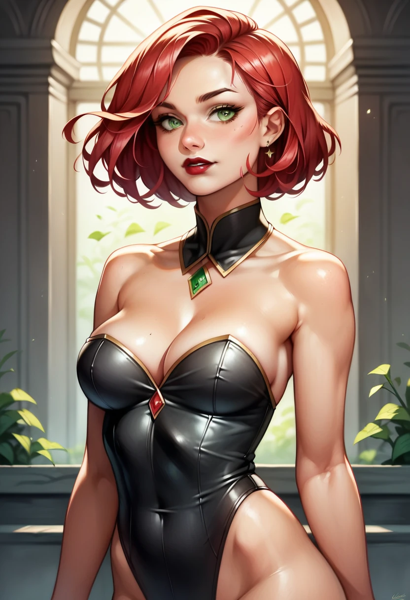 (high-level image quality), (high quality), (high resolution), (detailed), (masterpiece), beautiful woman, ((caucasian)), green eyes, red hair, short hair, dark red lipstick, black top, high leg leotard, strapless top, portrait
