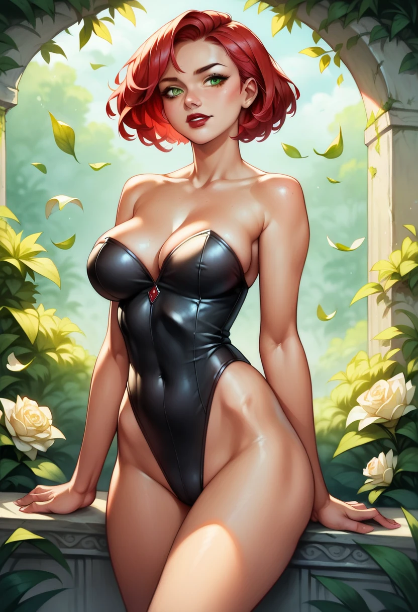 (high-level image quality), (high quality), (high resolution), (detailed), (masterpiece), beautiful woman, ((caucasian)), green eyes, red hair, short hair, dark red lipstick, black top, high leg leotard, strapless top, portrait