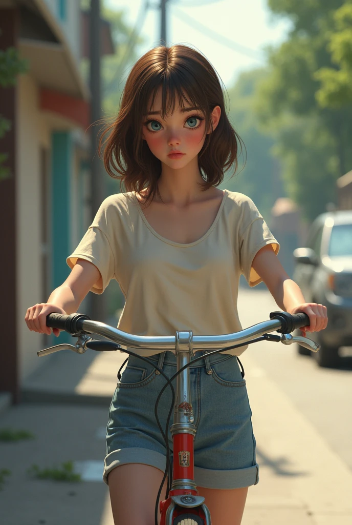 A brunette girl next to a bicycle thinking she's going to hurt herself