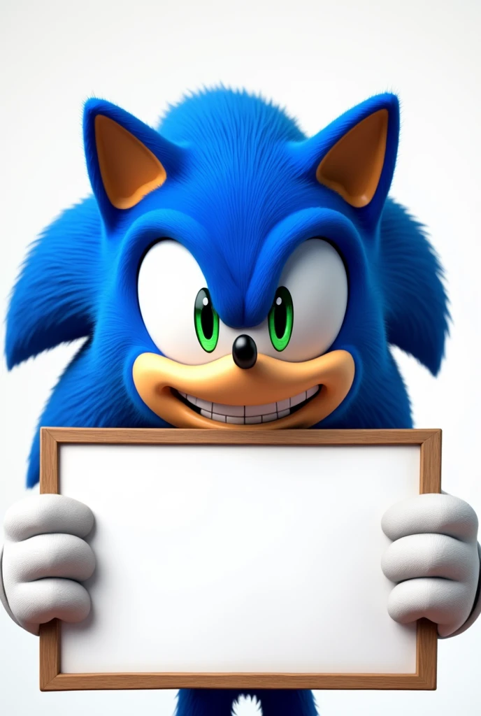 Generates an image that allows you to place a phrase in the center, For example: Smiling Sonic character holding a blank rectangular sign. Only the upper part of the character's body should be visible in the image., that is to say, face and arms.