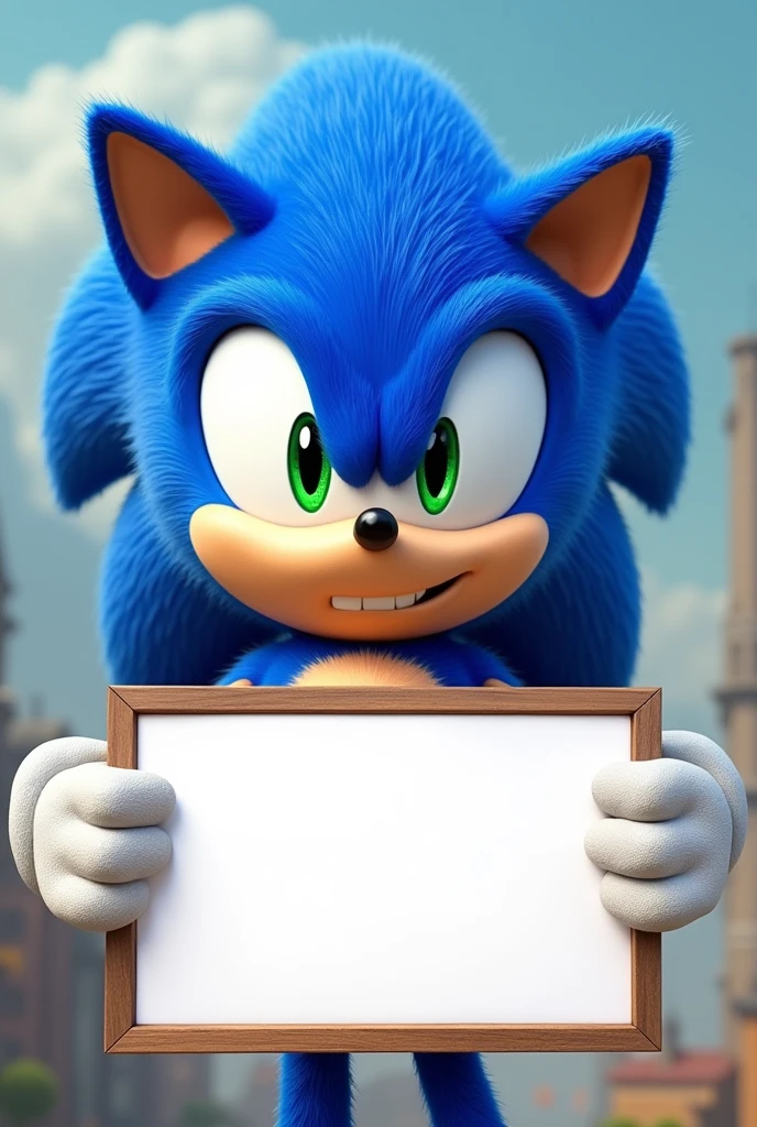 Generates an image that allows you to place a phrase in the center, For example: Smiling Sonic character holding a blank rectangular sign. Only the upper part of the character's body should be visible in the image., that is to say, face and arms.