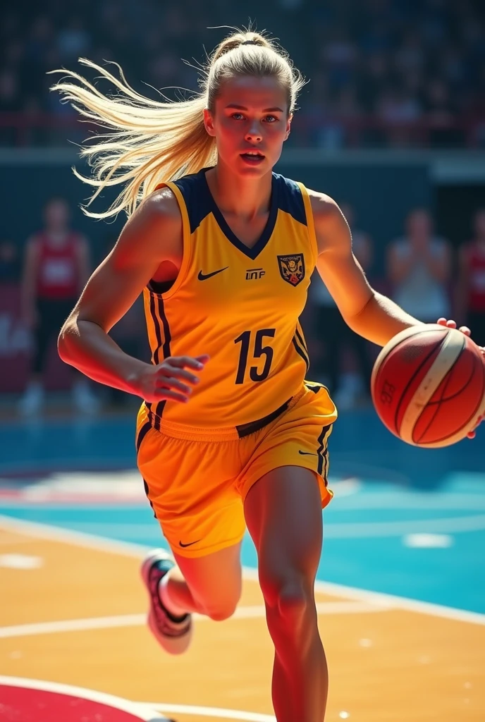 Romanian、Blonde((ponytail))、Blue Eyes、White、basketball、During the game、Bright image quality、((Lighting from the front))、