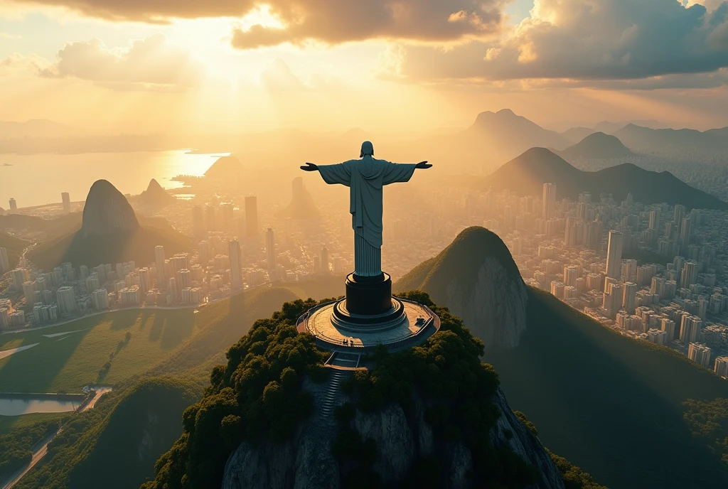 aerial view of the city of rio de janeiro, focused on the christ the redeemer, with beautiful tall buildings and gleaming skyscrapers, an aerial metropolis, cinematic lighting, dramatic clouds, 8k, high resolution, ultra-detailed, photorealistic, sharp focus, physically-based rendering, vibrant colors, golden hour, aerial cityscape, stunning architecture, iconic landmarks, serene atmosphere