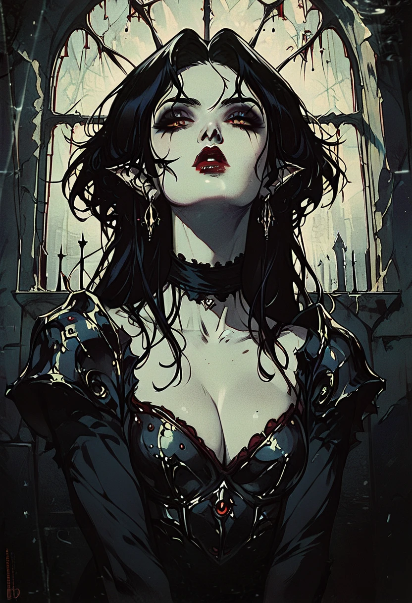 vampires, thick black hair pale skin, Eyes red, Red lips, Black armor with red details, with pointy ears, dark, dark Castle, fully body