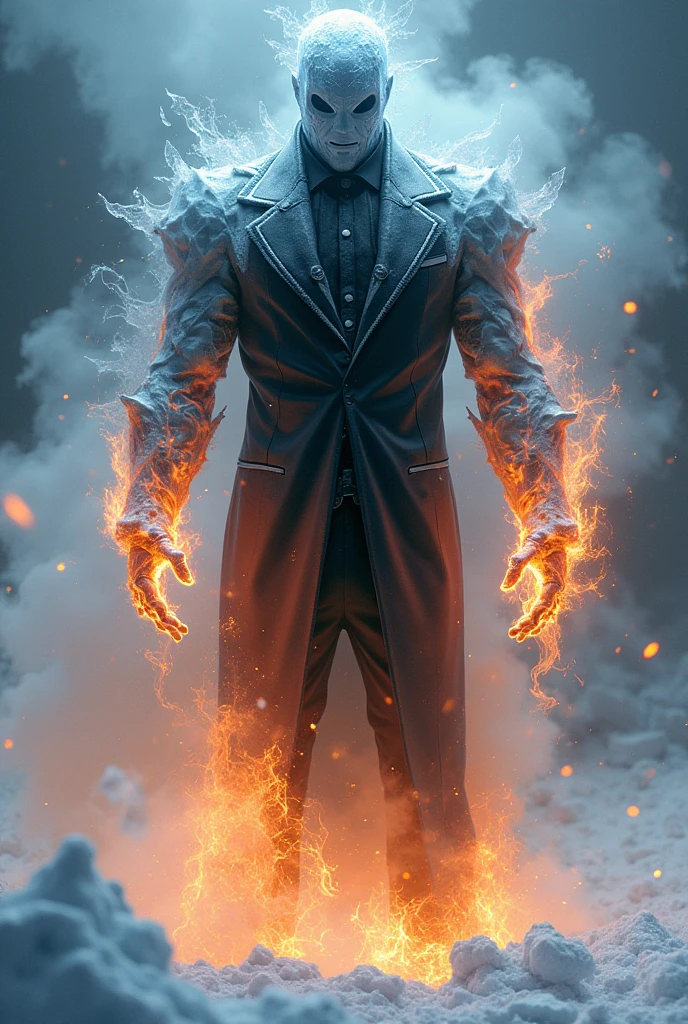 An ice and fire golem wearing a black suit and mask
