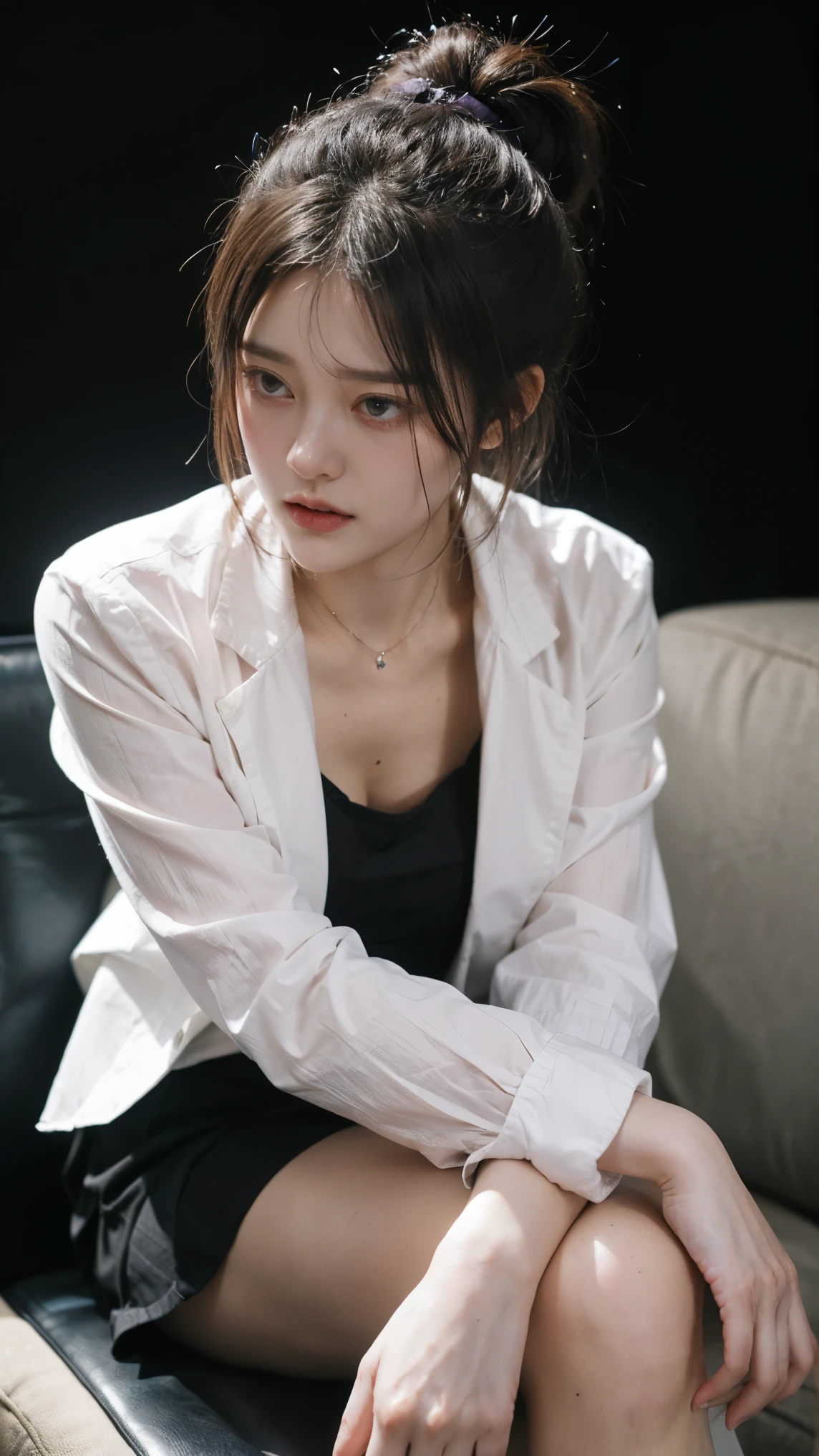 masterpiece, best quality, A young woman with dark hair tied up in a bun, secured with a light purple hair clip, plumpy, natural big breast, is shown in a office indoor setting. She is wear a white shirt with a black tie and open blazer, wear short black skirt, and her expression is focused jaws, gently shielding her eyes from the light. sit pose on bossy chair, black background.