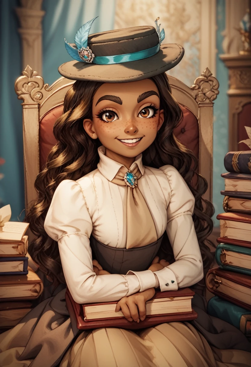 high definition, cute face, franimel, long hair untill hips, brown skin, brown eyes, freckles, hat, beige tie, baroque, half body, look at viewer, sitting down on green baroque chair, hands on lap, detailed background, dark floral wallpaper, pile of books aside, flirtatious smile