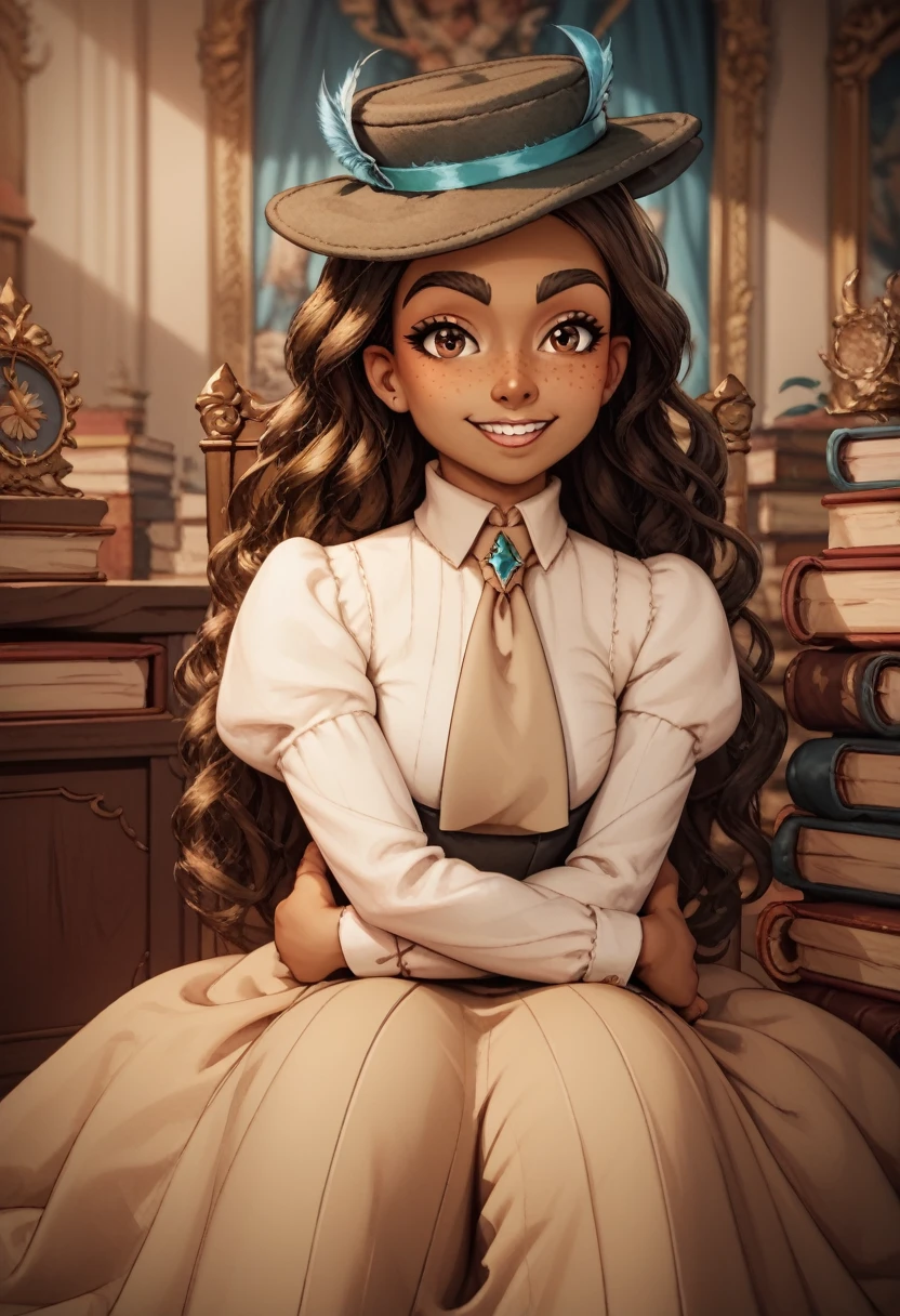 high definition, cute face, franimel, long hair untill hips, brown skin, brown eyes, freckles, hat, beige tie, baroque, half body, look at viewer, sitting down on green baroque chair, hands on lap, detailed background, dark floral wallpaper, pile of books aside, flirtatious smile