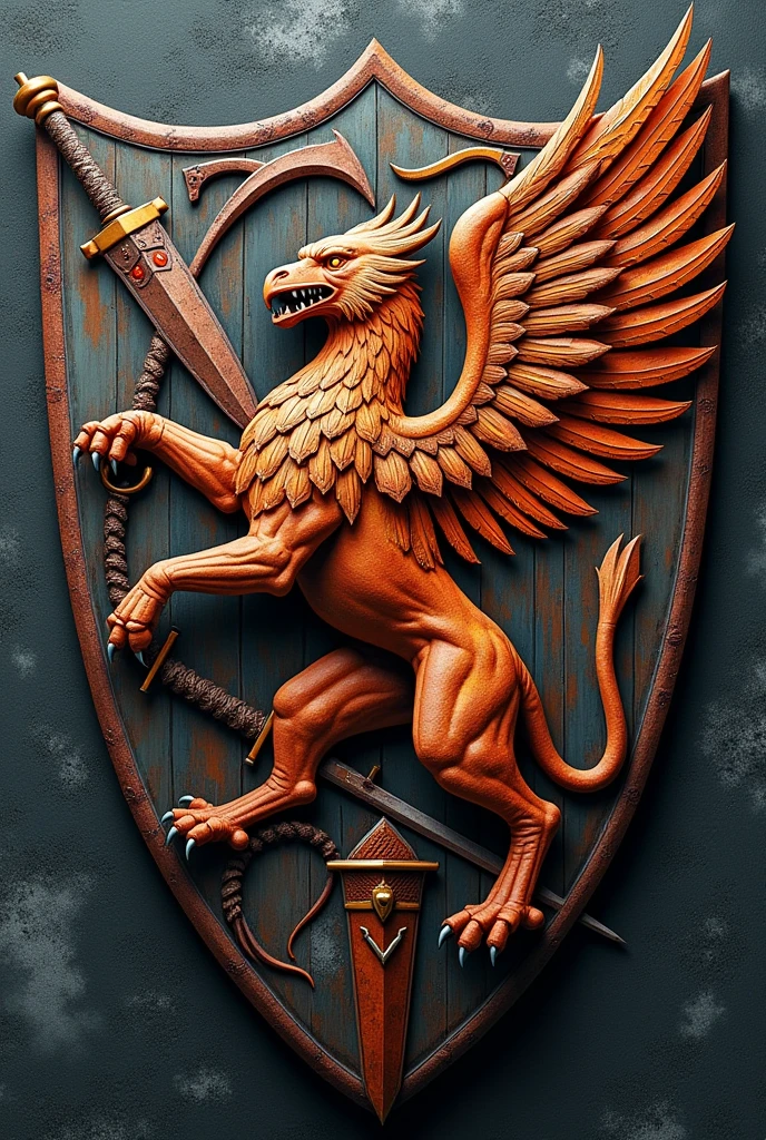 griffin carved in a war-shield, struck down by a bunch of weapons of war, intricate detailed, inevitable colors, best quality, 8k
