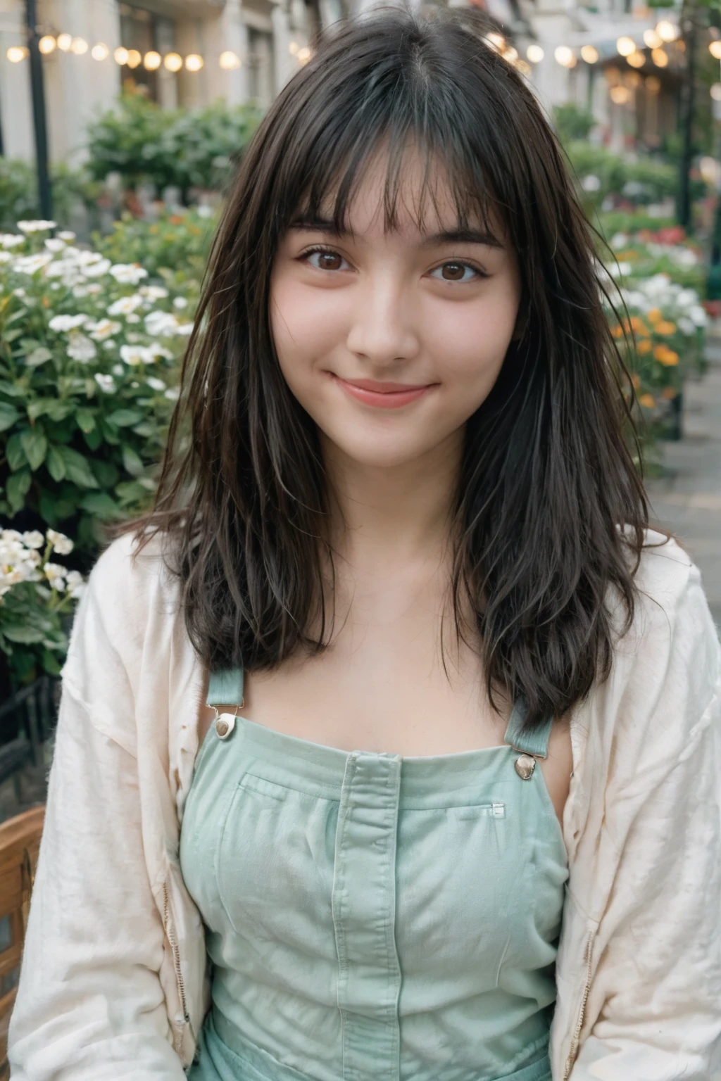 A high-resolution, wide angle shot, 4K portrait of a beautiful 20-year-old woman with a happy smile, detailed skin, and clear eyes. 
She has long, messy black hair with bangs and dark brown eyes with slight dark circles, looking at viewer. 
The image features natural, soft lighting with a low contrast and film grain effect. 
She has perfect shaped medium breast. 
She is dressed in Mint Green Overalls with Crop Top
Description: Mint green overalls with a white crop top underneath. The overalls are short with adjustable straps and cute embroidered patches, giving a youthful, playful vibe.
Accessories: Pair with white knee-high socks, white sneakers, colorful hair clips, and a backpack with cartoon patches.
Sitting in An outdoor cafe with small tables and chairs set on a cobblestone patio, surrounded by potted plants and string lights overhead. The cafe has a cozy, relaxed atmosphere with umbrellas providing shade and a view of a busy street or a garden. 
The composition emphasizes ultra-detail, sharp focus, and vivid colors, with HDR and UHD quality, capturing a whimsical and dreamy aesthetic with a bokeh background. Looking at viewer