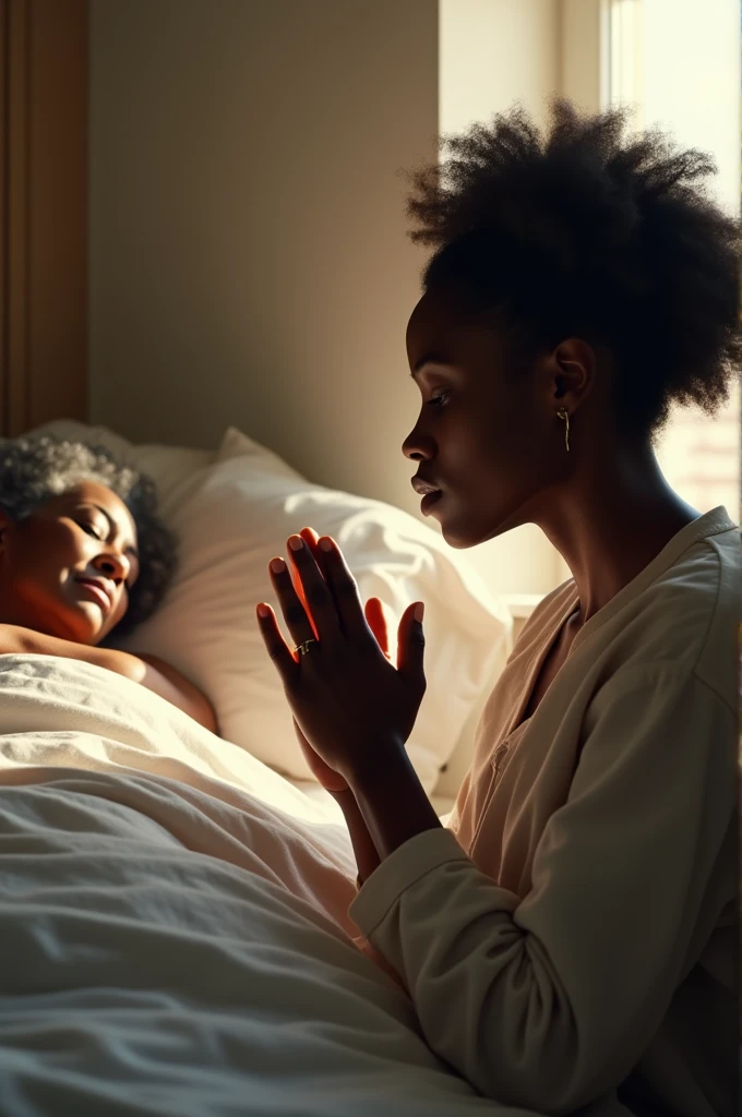 In a well-lit room, a young African girl of about 21 kneels by her mother's bed. Her hands clasped in fervent prayer, her face is filled with deep concern and hope. The mother, lying down and weakened, rests peacefully under the sheets. The atmosphere is one of serenity and devotion.