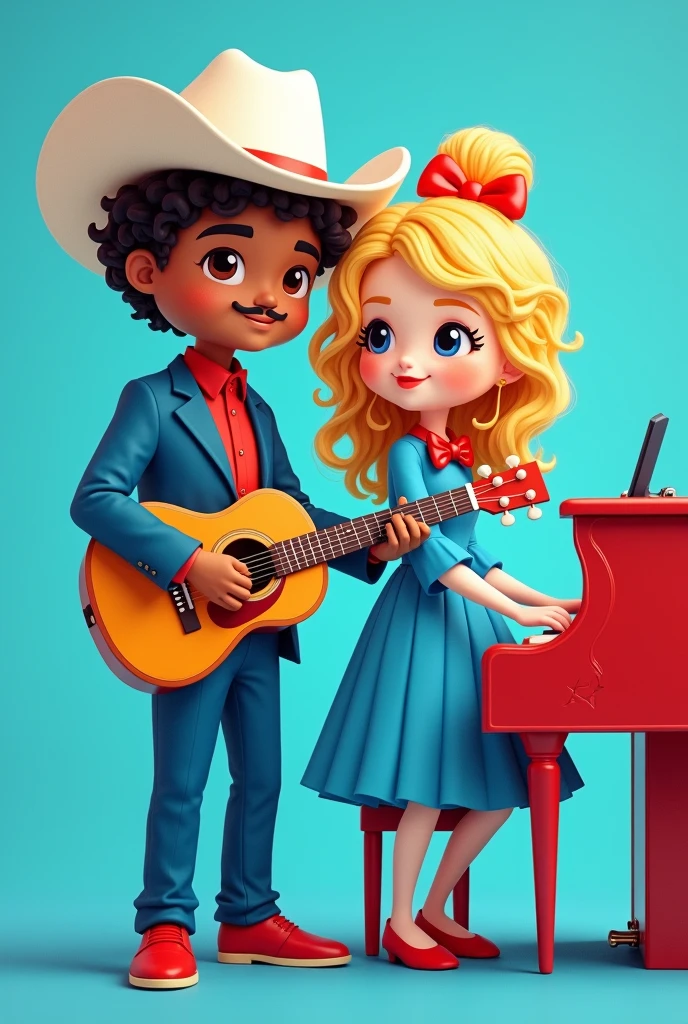 casal formato hello kitty,the man with short curly hair, white cowboy style hat, pele chocolate, with a mustache, blue suit, red dress shirt, calça azul Red Shoe, with a guitar,the woman with light beige skin,long blonde curly hair with hairstyle on top of the head, blue long sleeve dress , with red bow at the neck, Red Shoe,playing piano ,WITH A CIGARETTE ,blue background