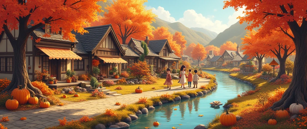 Fall Pumpkin Autumn Aesthetic,Halloween,Cute Village,Town Rustic,Cozy Anime, landscape ,Rustic Orange Maple Leaf Cute Village,Scenery,river