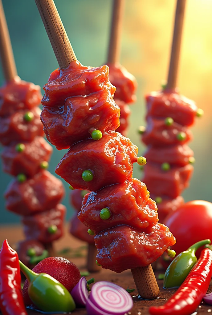 Chilean anticucho : pieces of meat skewered on a wooden stick, The pieces of meat are interspersed with vegetables such as; red or green peppers and onion, animated cartoon, not realistic