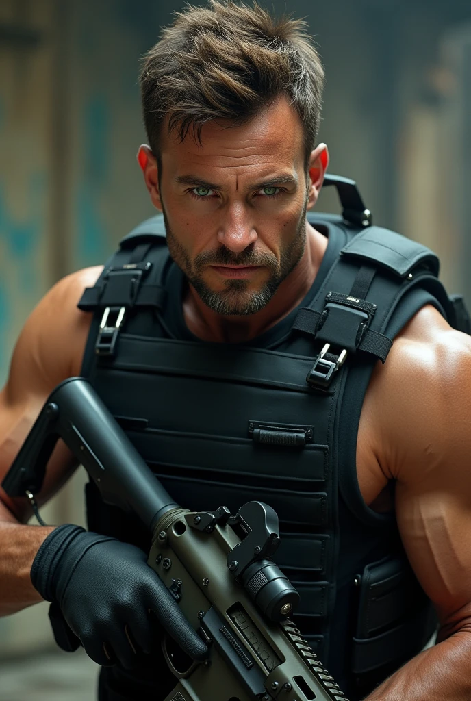 Man with brown hair and green eyes wearing a black bulletproof vest and holding a gun 