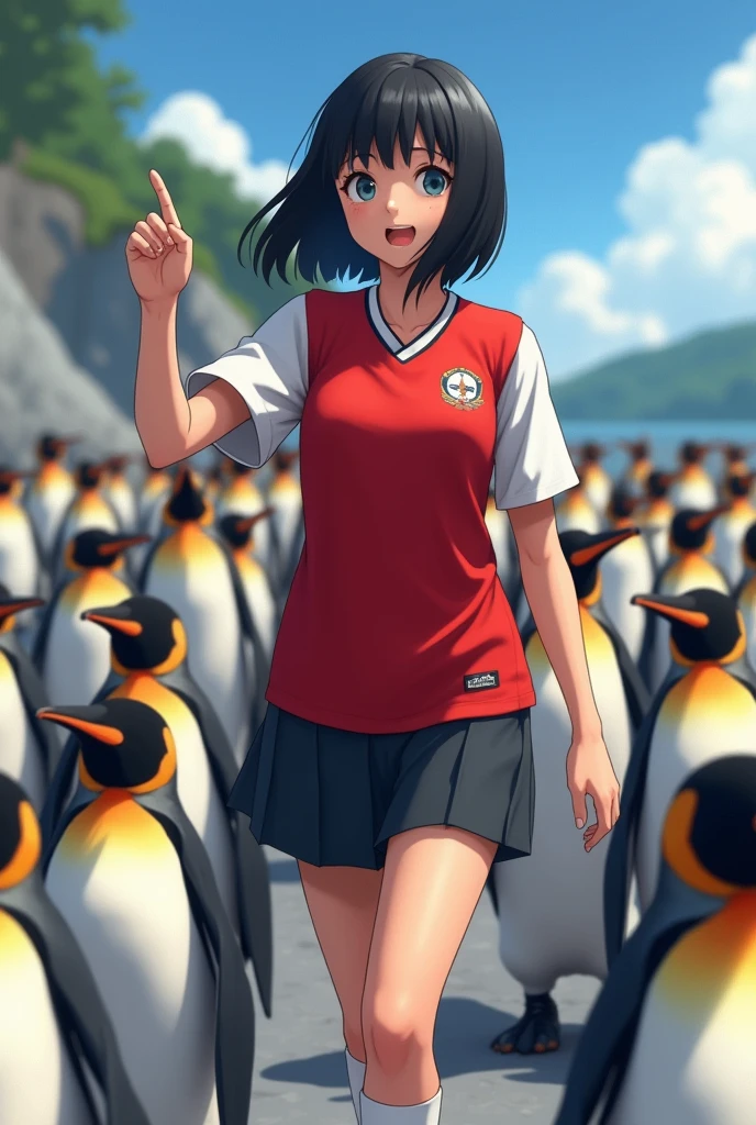 A high school girl walking with many penguins、Point to the reference direction、Black Hair、Shortcuts、Red jersey、Real、Bold composition、とてもRealな描写、Beautiful girl。