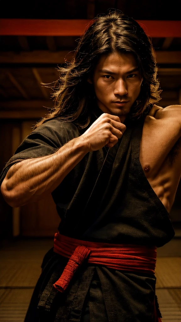 Young Samurai, please stretch your arms, Realist:1.3,( fPhoto, Realist, 8k, RAW Photos, Premium Quality, masterpiece, Great lighting, Centered Images), (Dynamic Movement, Dynamic Fighting,), (2 Knives), Fight with two swords, whole body, (Disheveled brown long hair), (Handsome Japanese young man, 1, Be confident、Trained muscles., Wildman and his body in perfect detail), cyber punk, Warrior, Tokyo, Shibuya Ward,