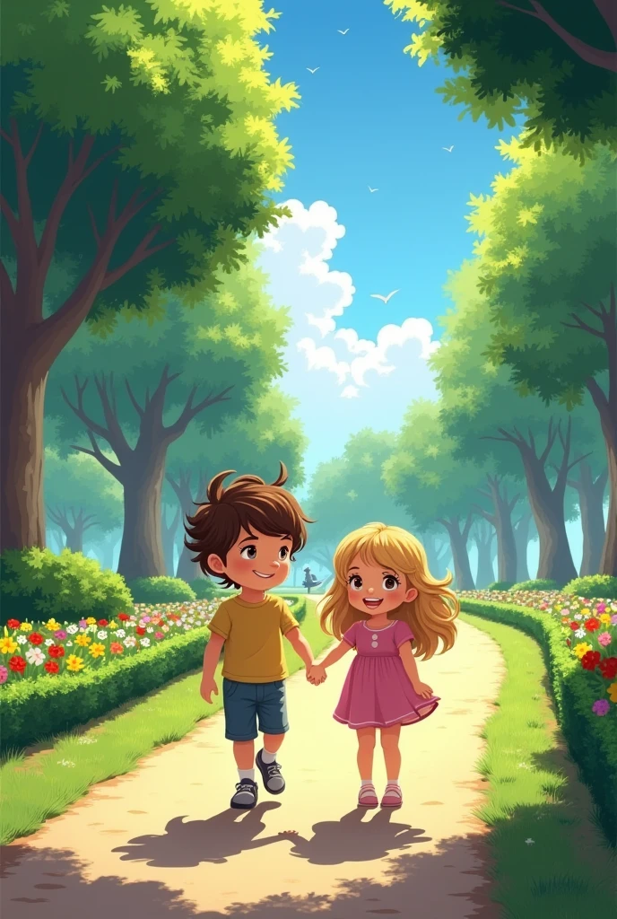 Boy and girl walk in park