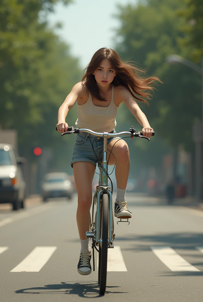 A brunette girl falling off a bike