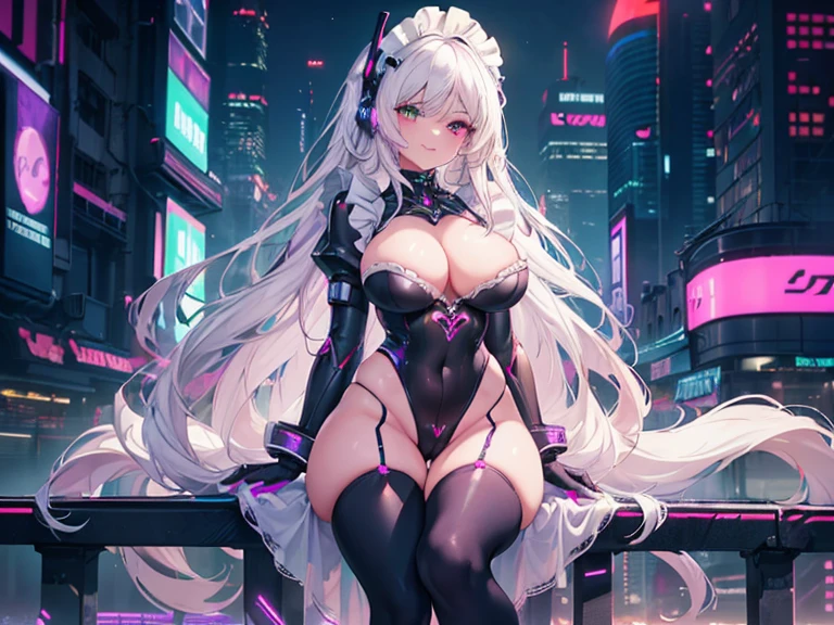 nsfw,((1girl)), (masterpiece, best quality), High resolution, Very detailed,4K,8k, ((Anatomically correct number of limbs),(Anatomically correct number of fingers)), (from above), ((seductive smile) ,(white hair,long hair), ((maid),(cyber clothes),(Clothes with purple glitter lines),cameltoe), (heterochromia,(red eye,green eye))), ((big breasts),beautiful breasts,curvy),((Late Night),Cyberpunk cityscape,Vibrant neon glow), (spoken heart)