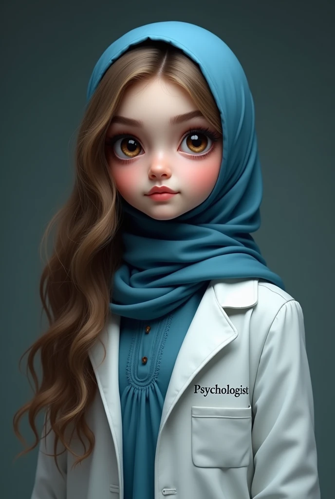 A beautiful Pakistani girl wearing shilwar Qameez in blue colour and she is 2 brown bugging eyes smooth skin tone and her hair are long and wavy in light brown color her face is oval chubby that looks realistic and she is wearing hijab and a doctor coat and ob the left pocket of coat its written Psychologist her skin tone is white like vampire and her upper lip is thinner then lower lip and she is wearing hijab on head