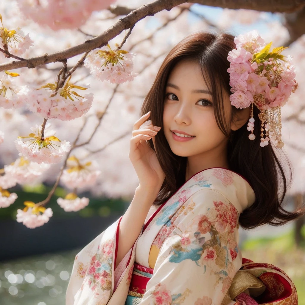 Beautiful Japanese women one girl, Long Hair, Gaze, smile, Simple Background, Highest quality, High resolution, happiness/joy, smiling, Hairpin, Gentle colors, modern, Reality,