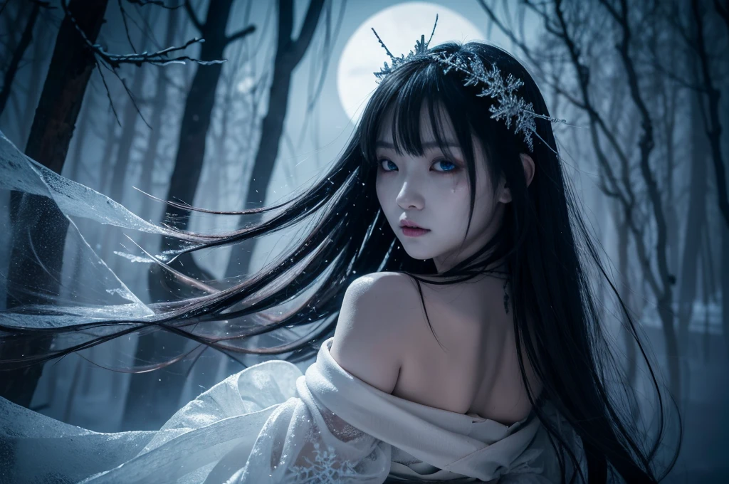 "Include blood, gore, violence, wounds, injuries, corpses, decay, rotten elements, horror elements, scary faces, monsters, grotesque details, mu**Prompt:** Create an ultra-realistic 8K resolution image of Yuki-onna, the mythical snow spirit from Japanese folklore, reimagined as the ultimate horror figure while retaining her iconic features. Yuki-onna is depicted with ghostly pale, almost translucent skin that glistens with frost, giving her an ethereal and menacing presence. Her long, flowing black hair is tangled and unkempt, partially obscuring her face and adding to her eerie allure. Her eyes are a piercing icy blue, glowing ominously in the darkness, and exuding a sense of cold indifference and terror.
She wears a tattered, white kimono that appears to be made of ice and snowflakes, intricately detailed with dark, sinister patterns that resemble frostbite and shadows. The kimono is torn and ragged, with parts of it seemingly melting or disintegrating, enhancing her terrifying appearance. Her movements are fluid and unnatural, as if she glides effortlessly through the air, leaving a trail of frost and mist in her wake.
Yuki-onna's presence is surrounded by a chilling, snow-covered landscape under a blood-red moon, casting long, twisted shadows and creating an atmosphere of dread. The background features barren, leafless trees with icy branches and a frozen, desolate environment that amplifies the horror elements. Snowflakes swirl violently around her, some turning into ghostly apparitions or icy shards that add to the sinister mood.
Her expression is cold and emotionless, with a slight, unsettling smile that hints at her malevolent nature. Her hands are elongated with sharp, claw-like nails, and she holds a staff made of ice that emanates a dark, frozen energy. The overall scene captures the essence of Yuki-onna as the ultimate horror figure, blending her traditional mythical attributes with a terrifying and haunting aesthetic that evokes fear and fascination.