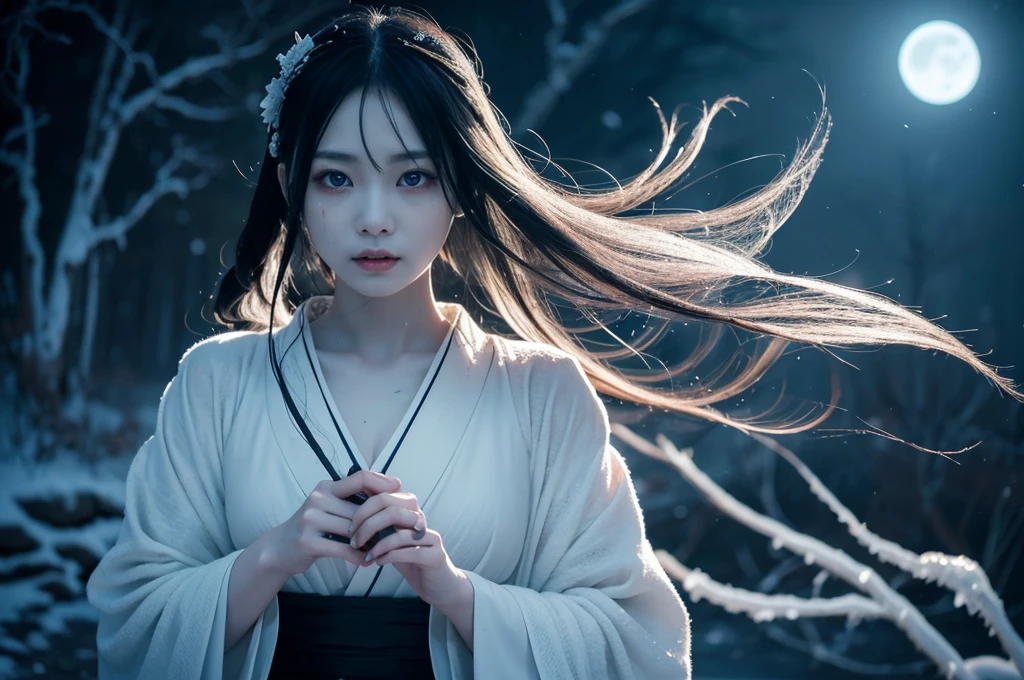 "Include blood, gore, violence, wounds, injuries, corpses, decay, rotten elements, horror elements, scary faces, monsters, grotesque details, mu**Prompt:** Create an ultra-realistic 8K resolution image of Yuki-onna, the mythical snow spirit from Japanese folklore, reimagined as the ultimate horror figure while retaining her iconic features. Yuki-onna is depicted with ghostly pale, almost translucent skin that glistens with frost, giving her an ethereal and menacing presence. Her long, flowing black hair is tangled and unkempt, partially obscuring her face and adding to her eerie allure. Her eyes are a piercing icy blue, glowing ominously in the darkness, and exuding a sense of cold indifference and terror.
She wears a tattered, white kimono that appears to be made of ice and snowflakes, intricately detailed with dark, sinister patterns that resemble frostbite and shadows. The kimono is torn and ragged, with parts of it seemingly melting or disintegrating, enhancing her terrifying appearance. Her movements are fluid and unnatural, as if she glides effortlessly through the air, leaving a trail of frost and mist in her wake.
Yuki-onna's presence is surrounded by a chilling, snow-covered landscape under a blood-red moon, casting long, twisted shadows and creating an atmosphere of dread. The background features barren, leafless trees with icy branches and a frozen, desolate environment that amplifies the horror elements. Snowflakes swirl violently around her, some turning into ghostly apparitions or icy shards that add to the sinister mood.
Her expression is cold and emotionless, with a slight, unsettling smile that hints at her malevolent nature. Her hands are elongated with sharp, claw-like nails, and she holds a staff made of ice that emanates a dark, frozen energy. The overall scene captures the essence of Yuki-onna as the ultimate horror figure, blending her traditional mythical attributes with a terrifying and haunting aesthetic that evokes fear and fascination.