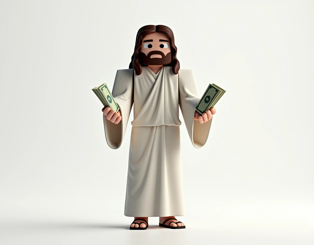 We need such an image of minecraft in which Jesus is standing with some money in his hands, high quality Minecraft ai image, background white color.