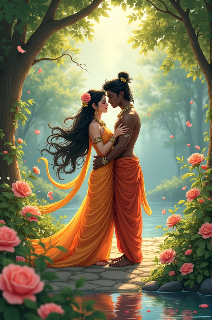 Radha with Krishna in the garden.create a anime of that