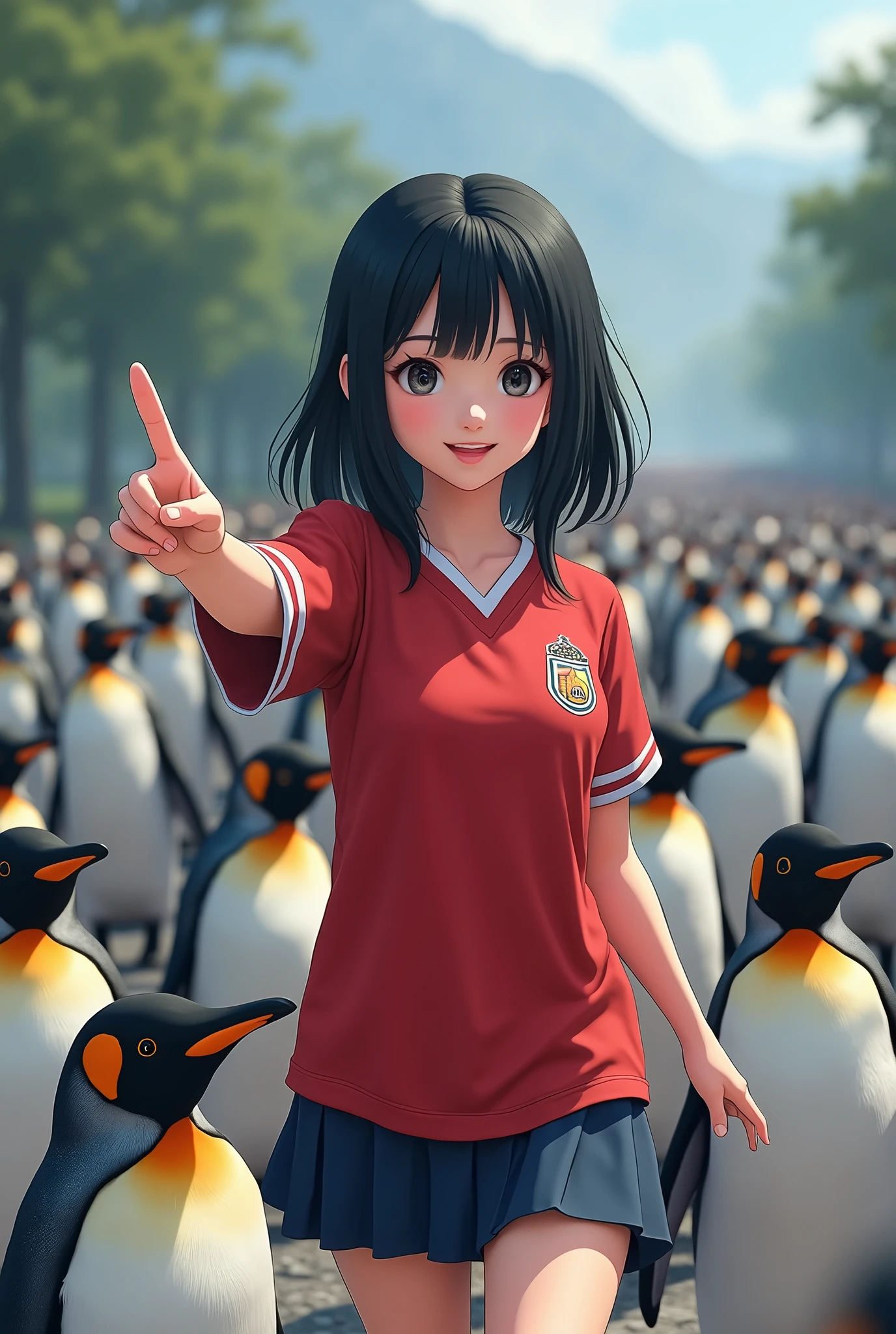 A high school girl walking with many penguins、Point to the reference direction、Black Hair、Shortcuts、Red jersey、Real、Bold composition、とてもRealな描写、Beautiful girl。