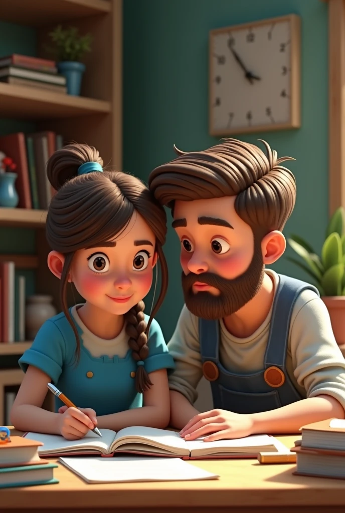 One boy and girl, sitting on a study table, girl have a blue dress and boy have a full beared, reading books related to one paper exam preparation, boy must be in full beared