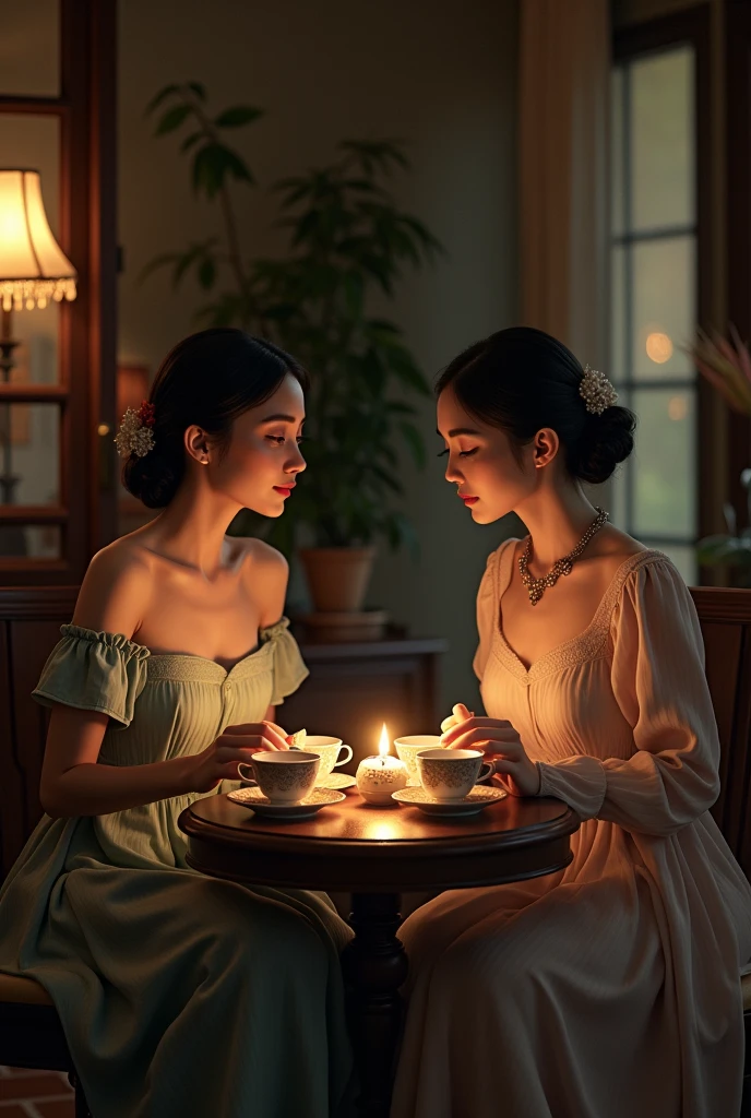 A in the house of two ladies with makeup drinking tea from cups at a small table in a somewhat dark house