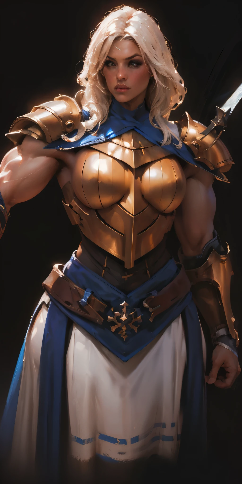 (black background) 1soloefemale, low angle, from below, paladin templar lady in white tabard, correct anatomy, epic fantasy digital art, tmasterpiece, 8k, high definition resolution, detailed drawing, superior quality, epic composition, female muscular body cover breastplate, muscular turned arms behind body