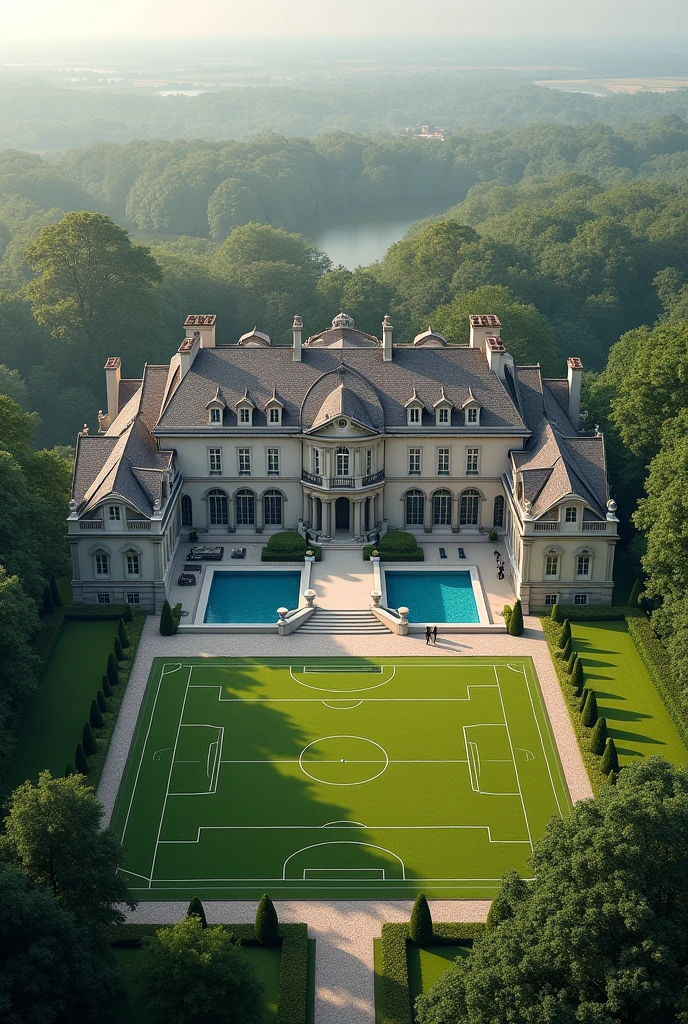 The house on the outside is a big house, in the back part of the house it has a soccer field, a semi-Olympic pool, inside the house it has 5 bedrooms, 6 bathrooms, 2 living rooms, a kitchen, and a dining room.