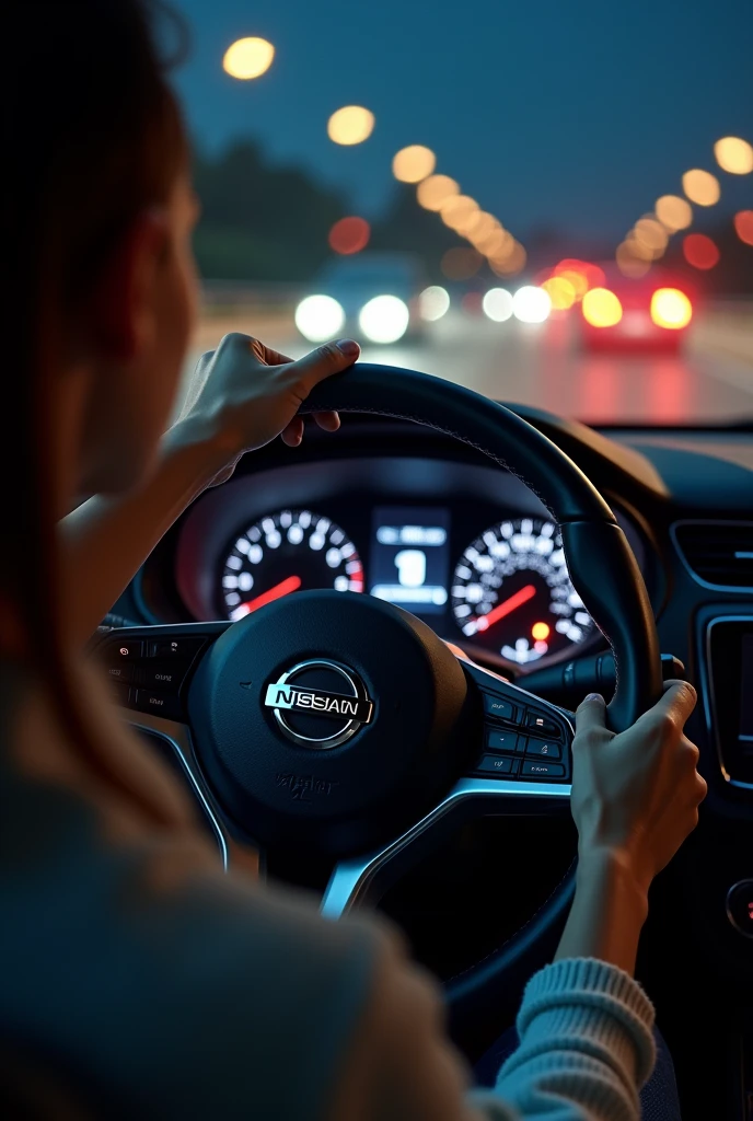 You can create a photo of a brunette girl's hand, on a Nissan brand car steering wheel as if she were driving the photograph must be very realistic with the road at night with cars in the background and as if the photograph had been taken by herself