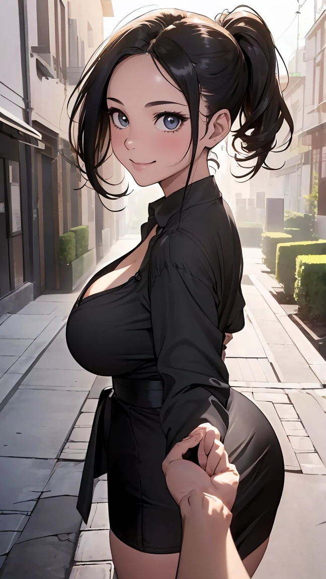 ​(morning, neighborhood, sidewalk:1.4), high resolution, extremely detailed CG, unity 8k wallpaper, super detailed skin, perfect anatomy, detailed, cinematic lighting, dynamic lighting, beautiful detailed eyes, black long hair, (36yo girl:1.8), (smile:1.2)、(looking down at viewer:1.8), (gigantic breasts:1.4)、 (unbuttoned blouse:1.5), (upskirt:1.2), (gleaming skin:1.2)、domestic,
(walking ahead turning to look back at camera:1.3), ponytail over shoulder, fat mom bod, chubby milf, (pov from below looking up at mom), (camera angle from below looking up:1.2)