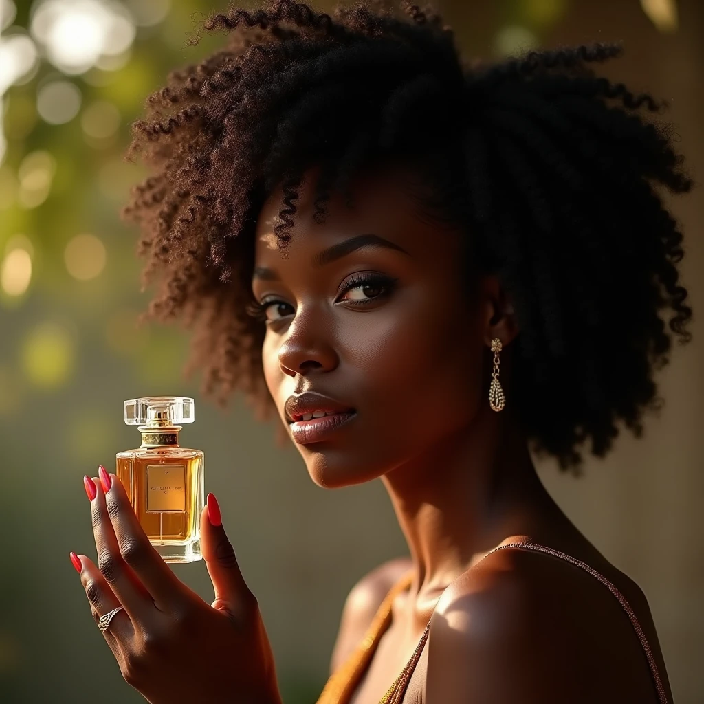 a beautiful ebony-skinned woman, holding a perfume bottle, soft natural lighting, simple blurred background, natural hair and subtle makeup, delicate perfume bottle design, vivid colors, lifelike details, realistic and unpolished, elegant and authentic, (best quality,4k,8k,highres,masterpiece:1.2),ultra-detailed,(realistic,photorealistic,photo-realistic:1.37),portrait,natural setting,warm atmosphere,bokeh background