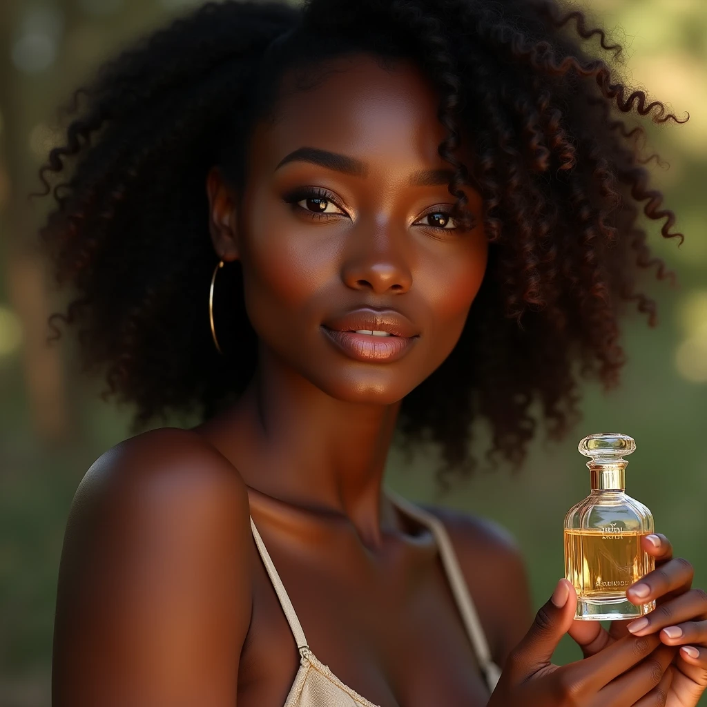 a beautiful ebony-skinned woman, holding a perfume bottle, soft natural lighting, simple blurred background, natural hair and subtle makeup, delicate perfume bottle design, vivid colors, lifelike details, realistic and unpolished, elegant and authentic, (best quality,4k,8k,highres,masterpiece:1.2),ultra-detailed,(realistic,photorealistic,photo-realistic:1.37),portrait,natural setting,warm atmosphere,bokeh background