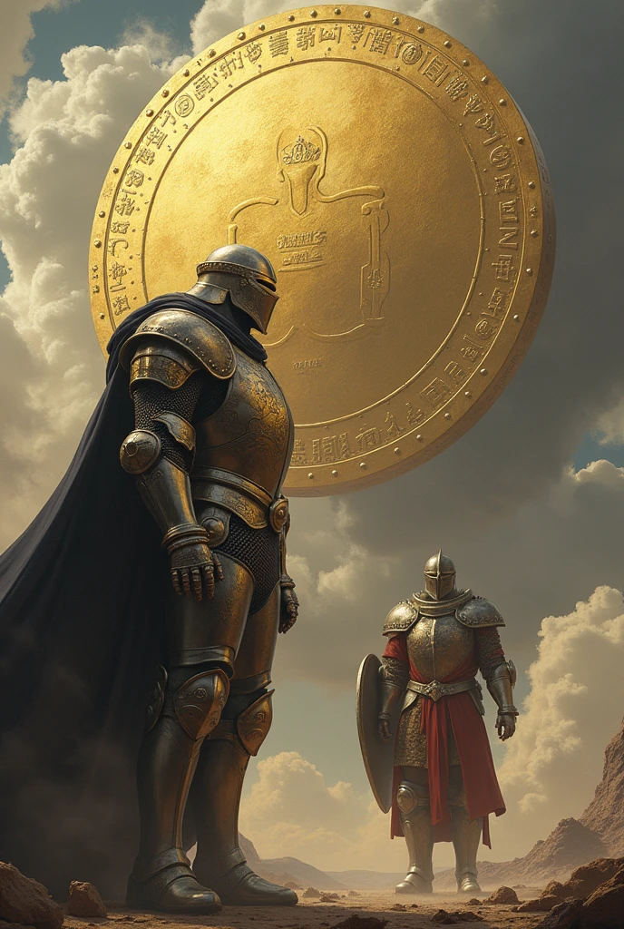 A knight in shining armor and a beautiful coin-shaped shield in hand and a king with a large head in the shape of a coin, both ready to attack.