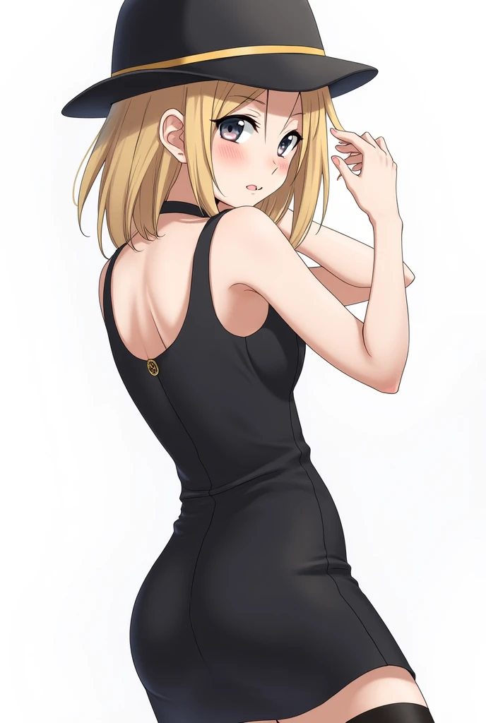 8620 (maitetsu),8620 (uniform),masterpiece, best quality, ultra-detailed, illustration,black dress,hat,looking back,:d,white background,((Eye highlights))