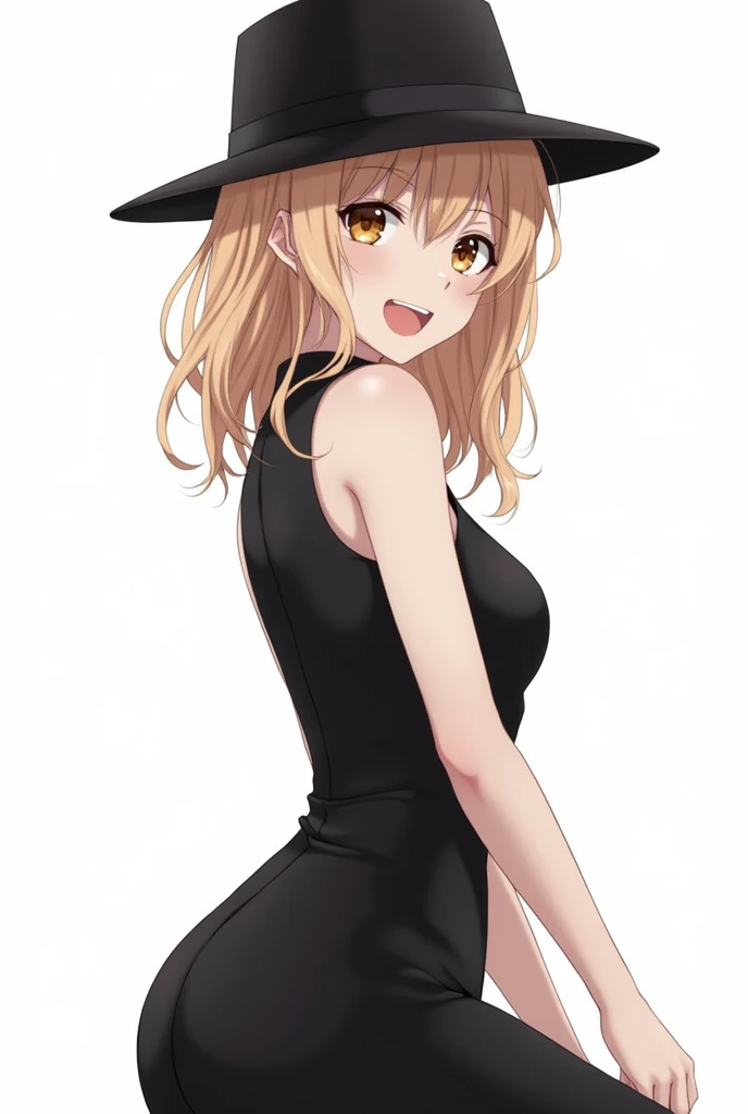 8620 (maitetsu),8620 (uniform),masterpiece, best quality, ultra-detailed, illustration,black dress,hat,looking back,:d,white background,((Eye highlights))