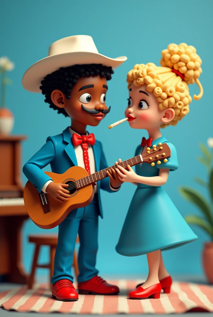 casal  formato hello kitty,the man with short curly hair, white cowboy style hat, pele chocolate, with a mustache, blue suit, red dress shirt, calça azul Red Shoe, with a guitar,the woman with light beige skin,blonde curly hair with long topknot, blue long sleeve dress , with red bow at the neck, Red Shoe,playing piano ,WITH A CIGARETTE ,blue background