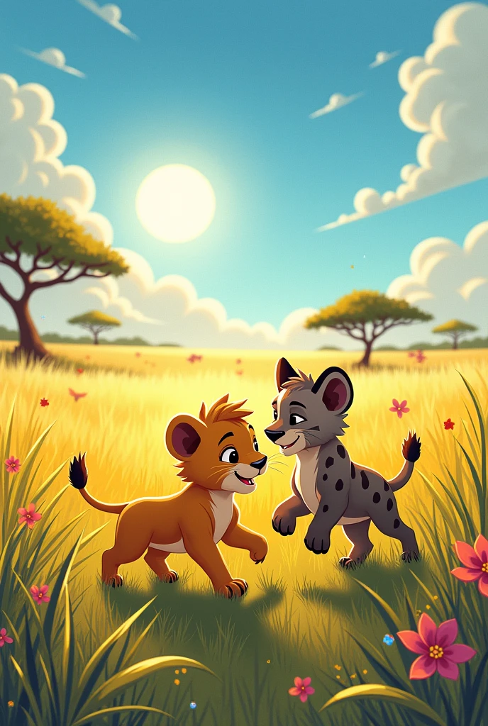 A lion cub and a hyena cub playing happily in the savannah, with the sun shining in the background and the tall grass all around. The scene should convey innocence and friendship, It must also contain vibrant and very eye-catching colors., fable style.