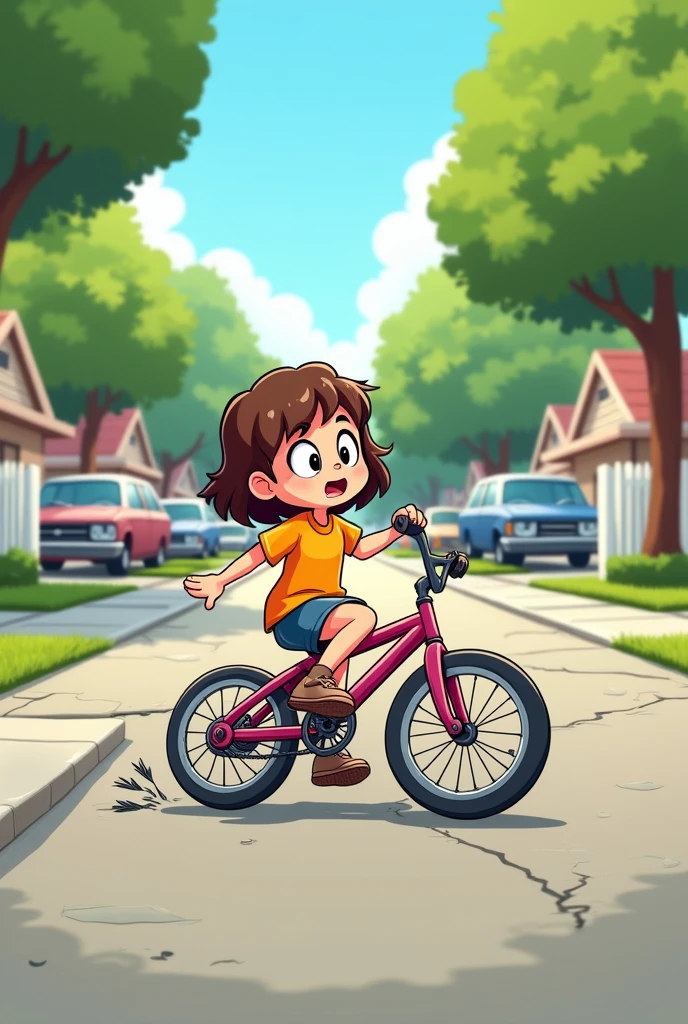 A cartoon brunette girl falling off a bike
