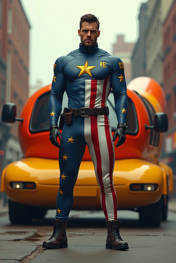 A homelander from the boys series with an oscar mayer sausage car behind him