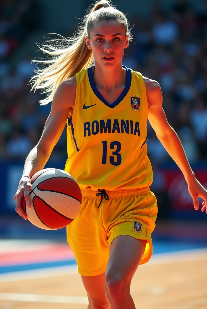 Romanian、Blonde((ponytail))、Blue Eyes、White、basketball、During the game、Bright image quality、((Lighting from the front))、